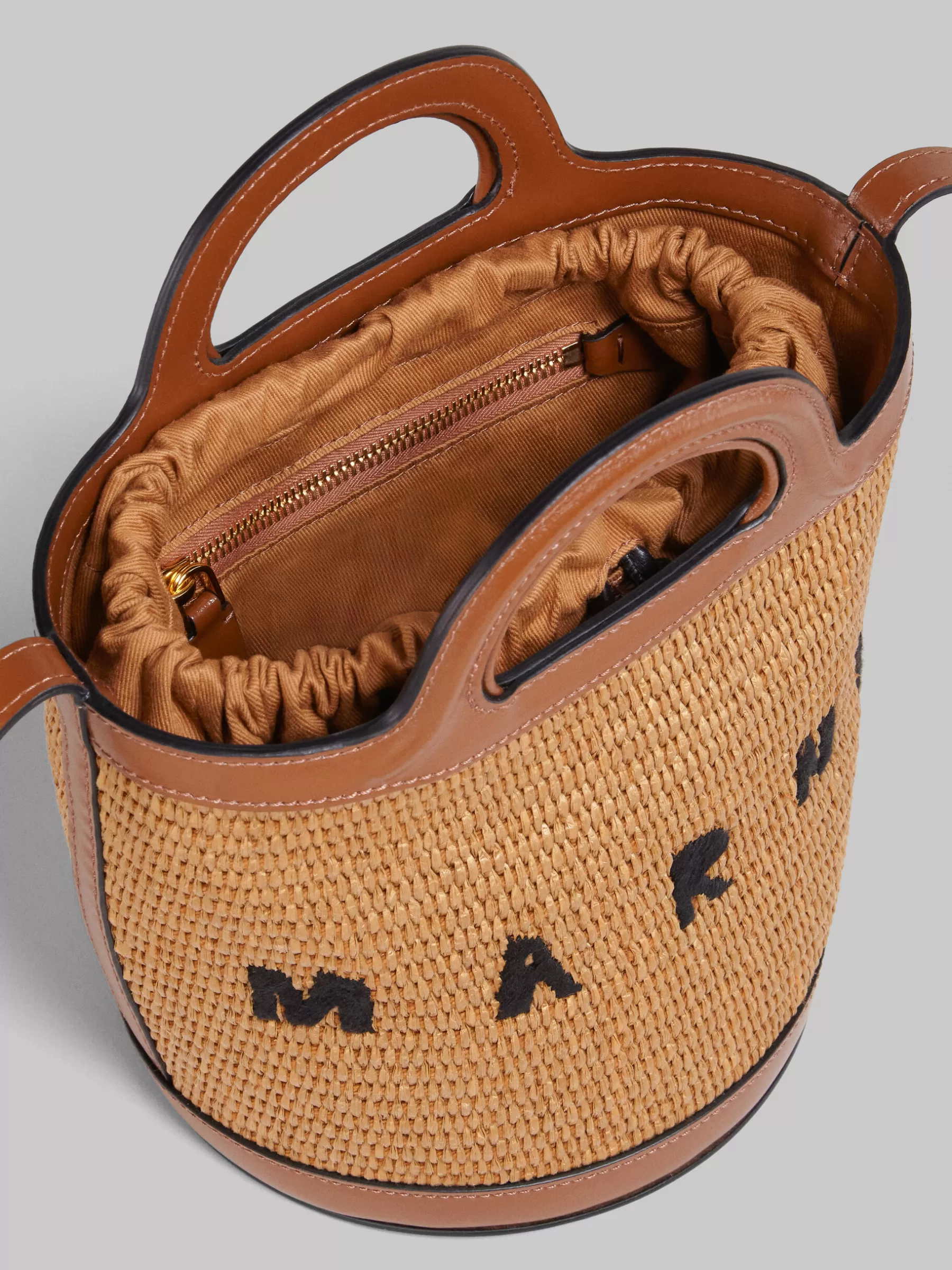 Marni Tropicalia Small Bucket Bag In Brown Leather And Raffia-effect Fabric RAWSIENNA Best