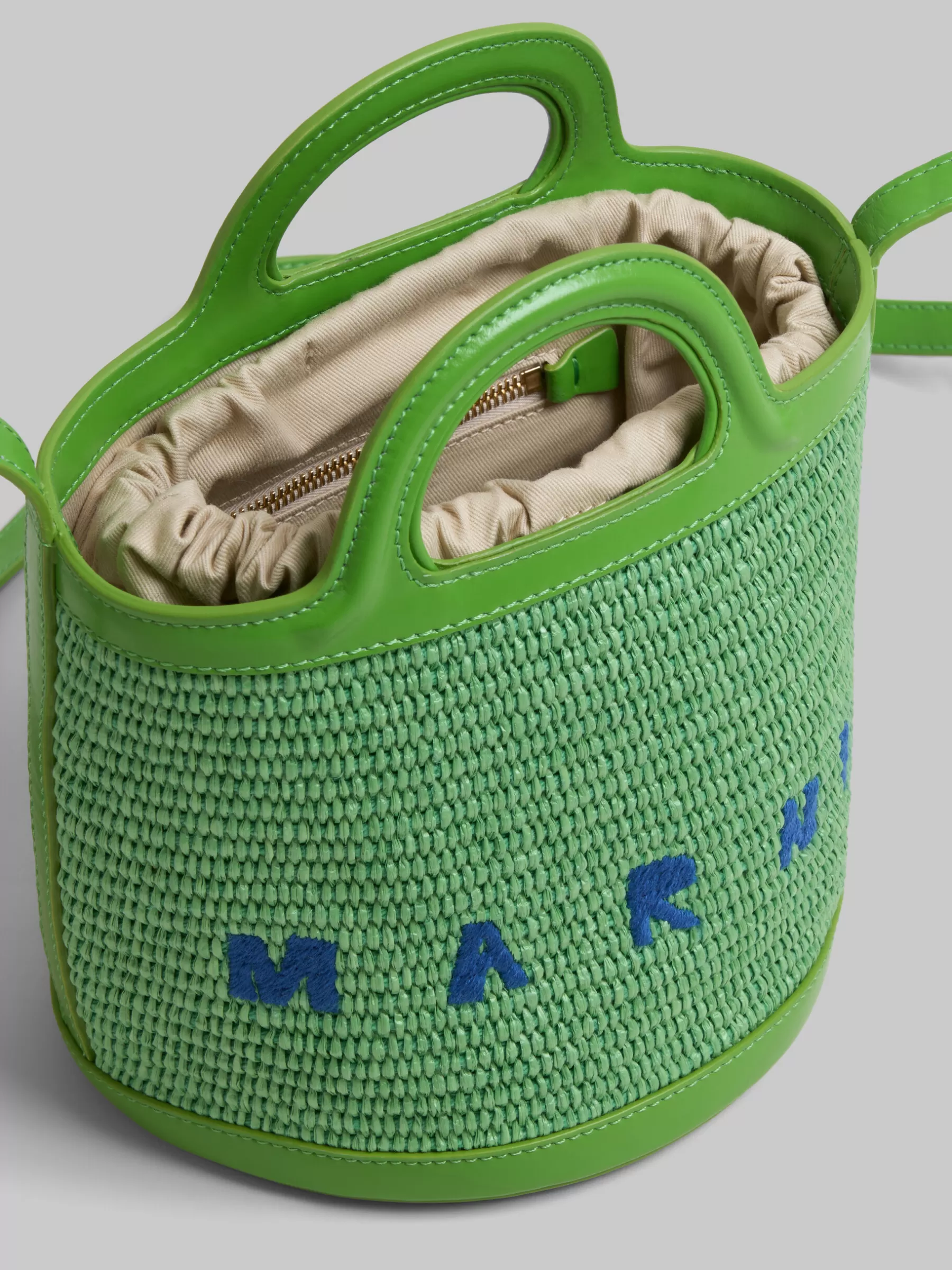 Marni Tropicalia Small Bucket Bag In Green Leather And Raffia-effect Fabric KIWI Online