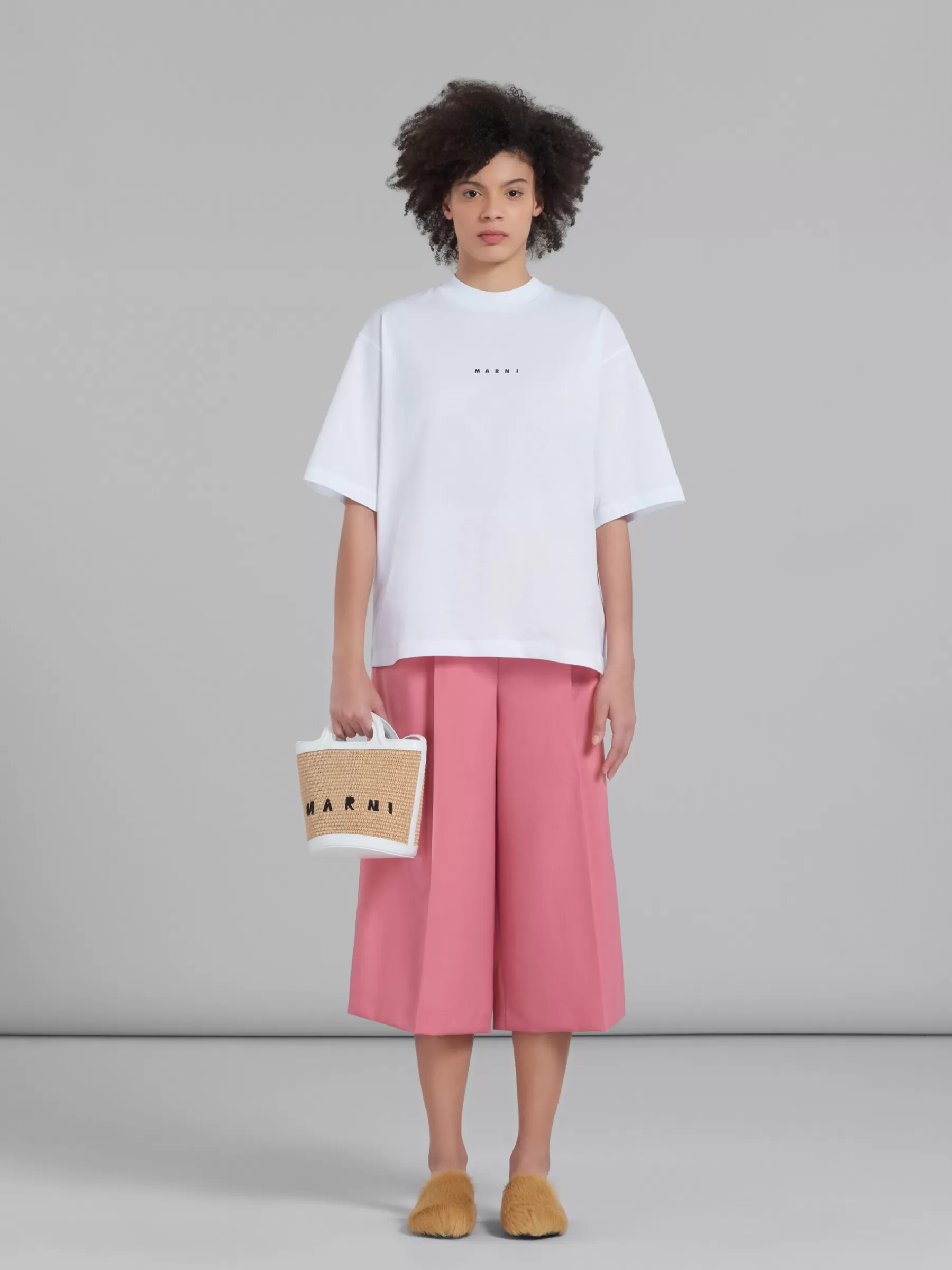 Marni Tropicalia Small Bucket Bag In White Leather And Raffia-effect Fabric SANDSTORM/LILYWHITE Fashion