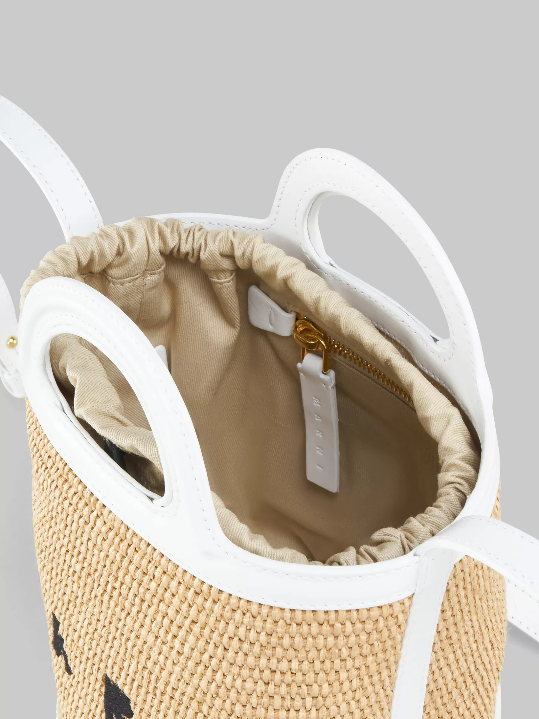 Marni Tropicalia Small Bucket Bag In White Leather And Raffia-effect Fabric SANDSTORM/LILYWHITE Fashion