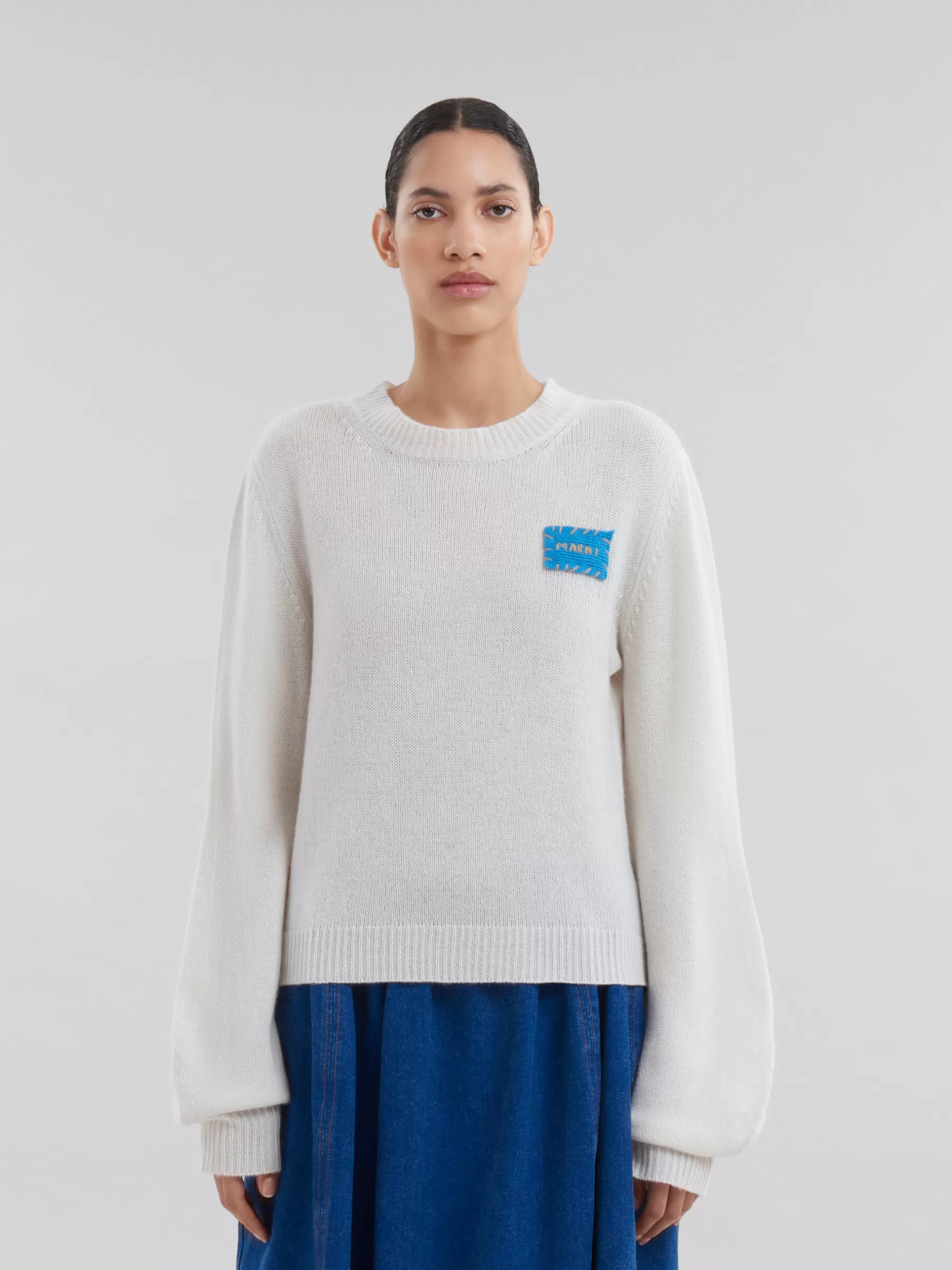 Marni White Cashmere Jumper With Mending Patch ALABASTER Clearance