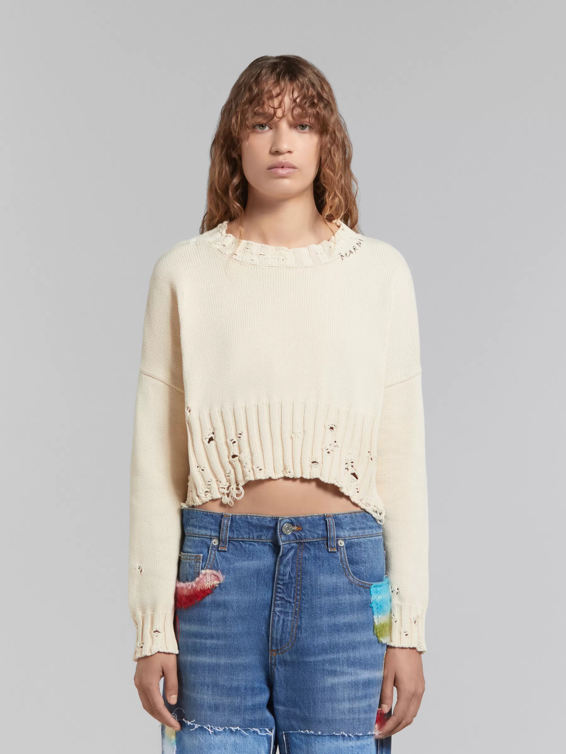 Marni White Cotton Cropped Sweater STONEWHITE Sale