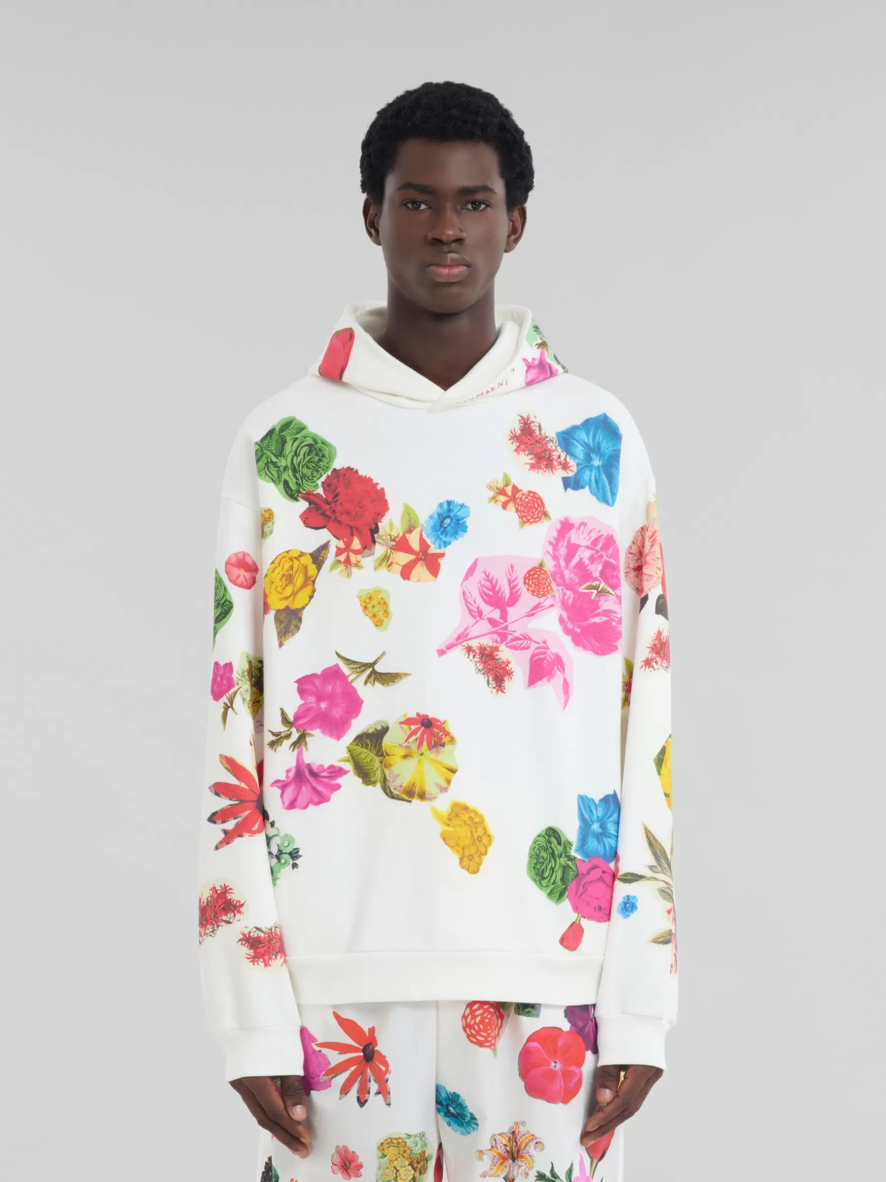 Marni White Cotton Hoodie With Flower Prints NATURAL WHITE Shop