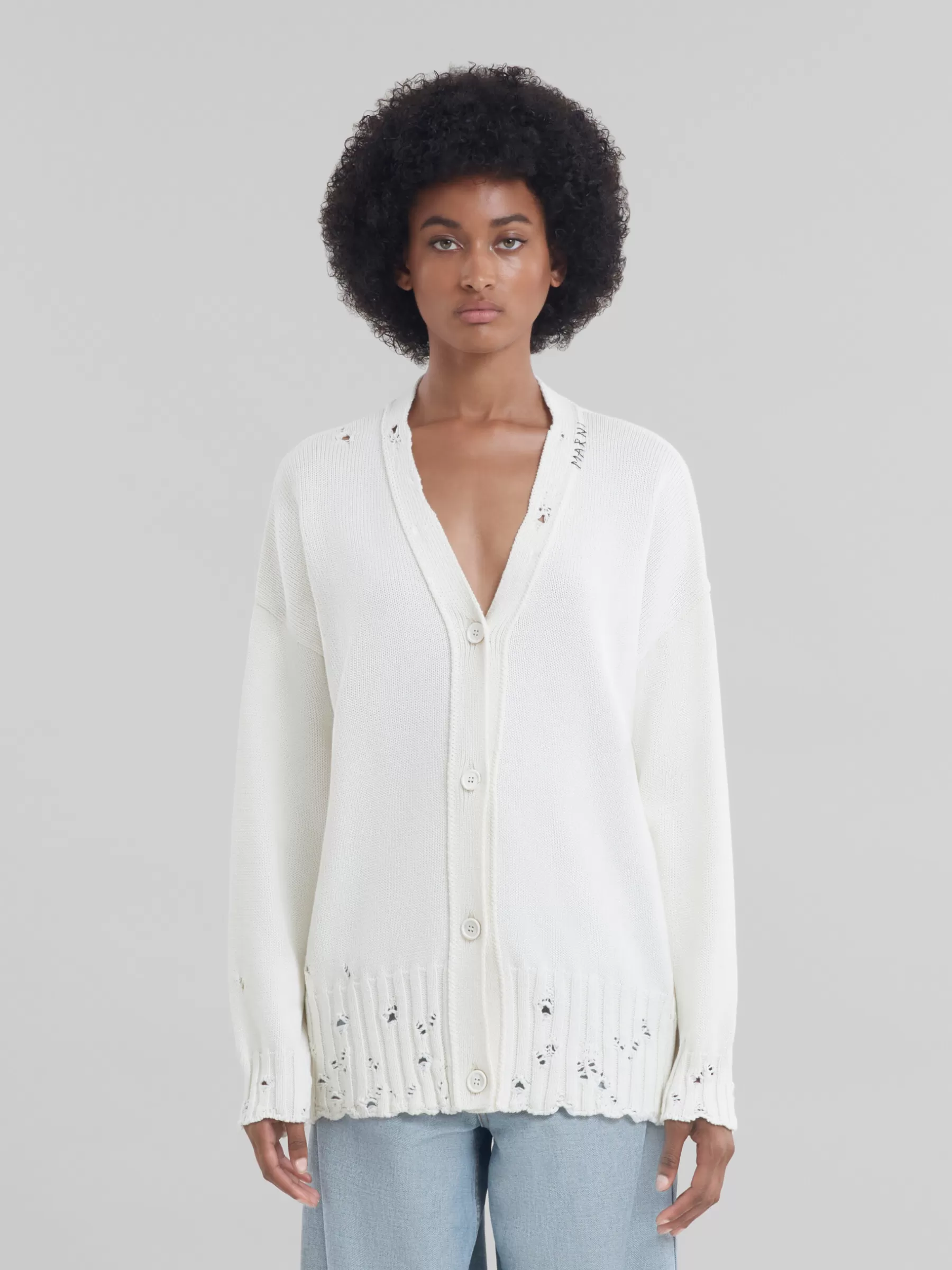 Marni White Dishevelled Cotton Cardigan With Mending Logo LILYWHITE Discount