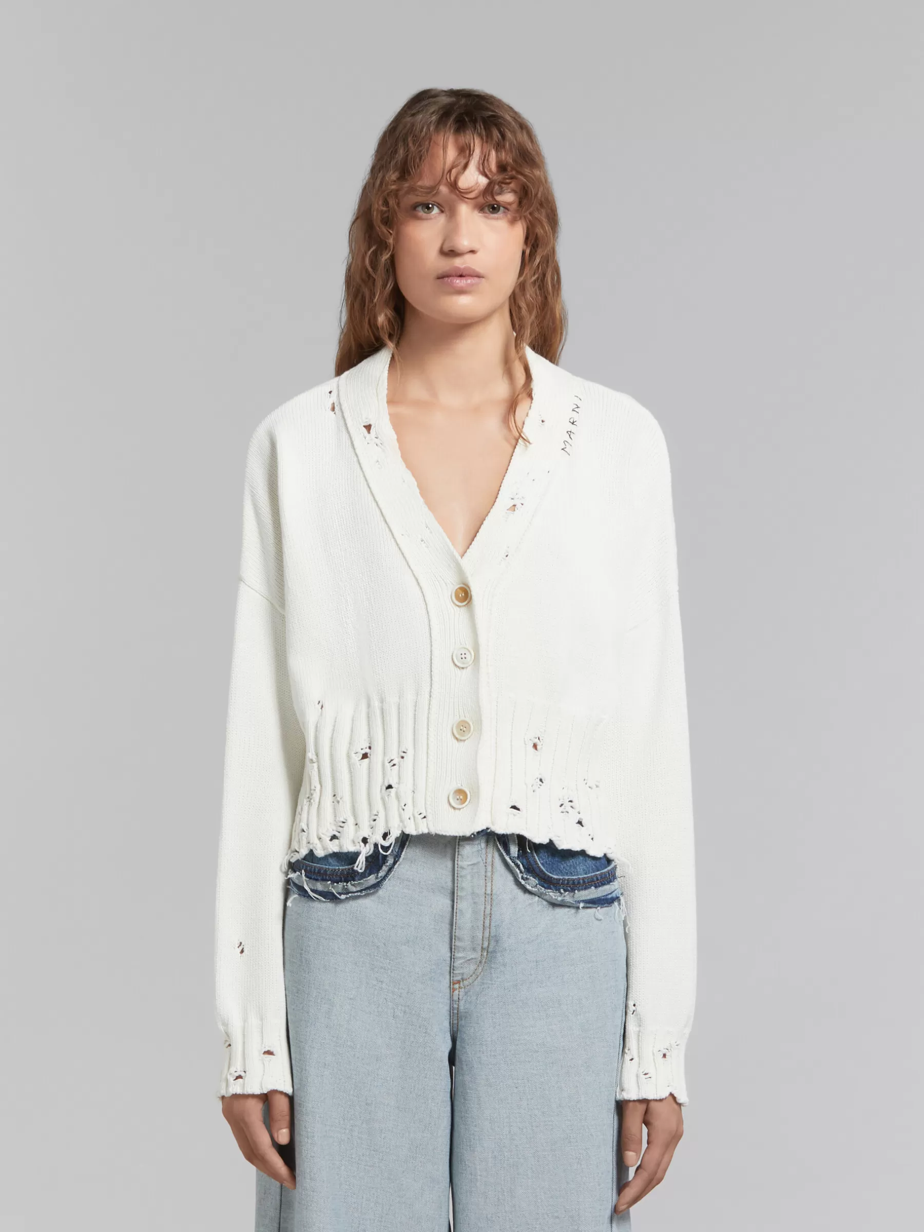 Marni White Dishevelled Cotton Cropped Cardigan LILYWHITE Cheap