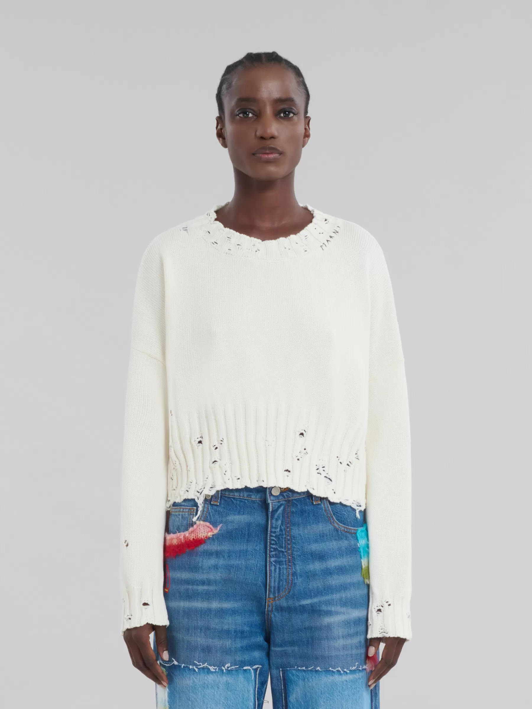 Marni White Dishevelled Cotton Cropped Jumper LILYWHITE Store