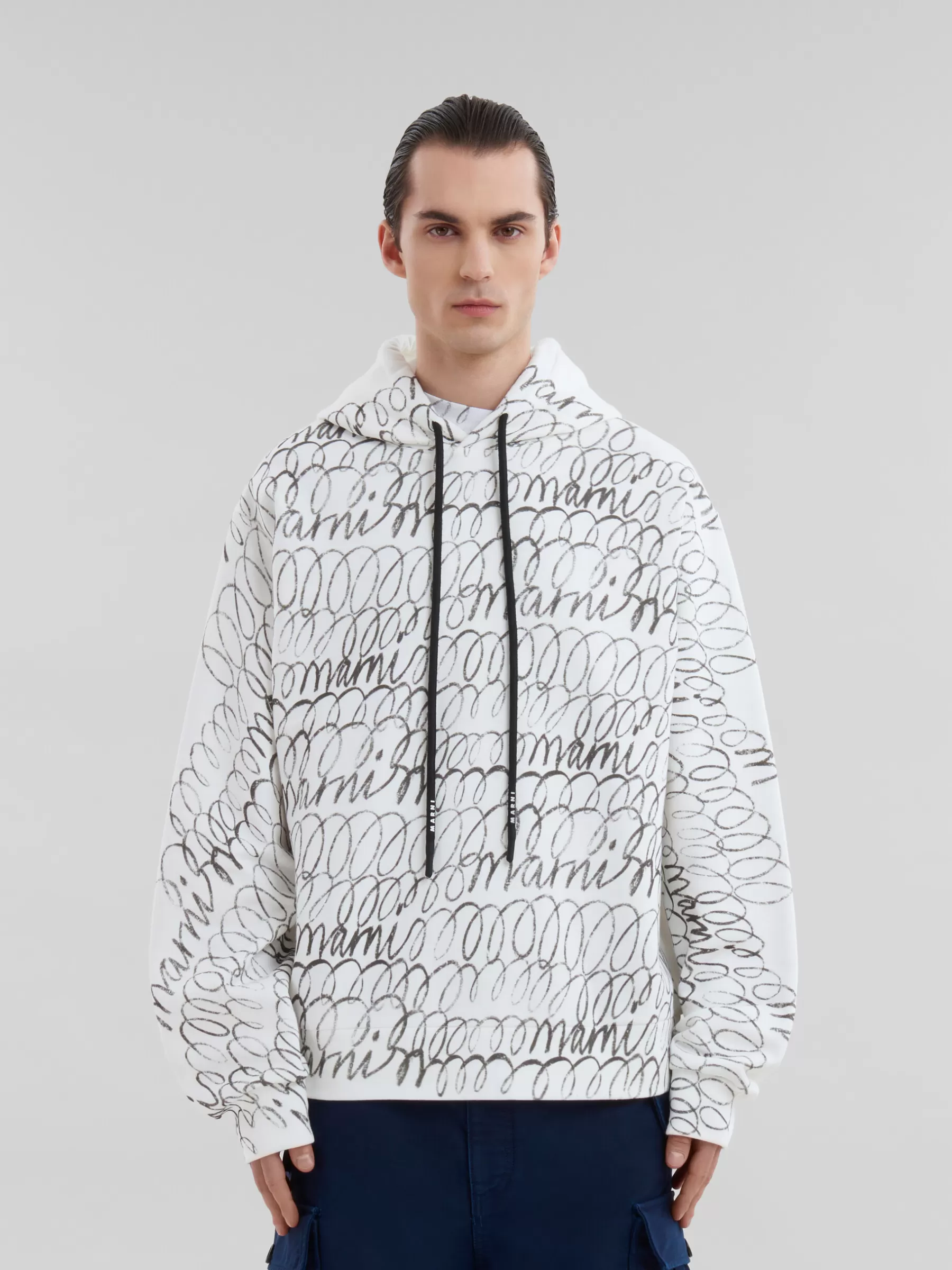 Marni White Organic Cotton Hoodie With Scribble Motif NATURAL WHITE Discount