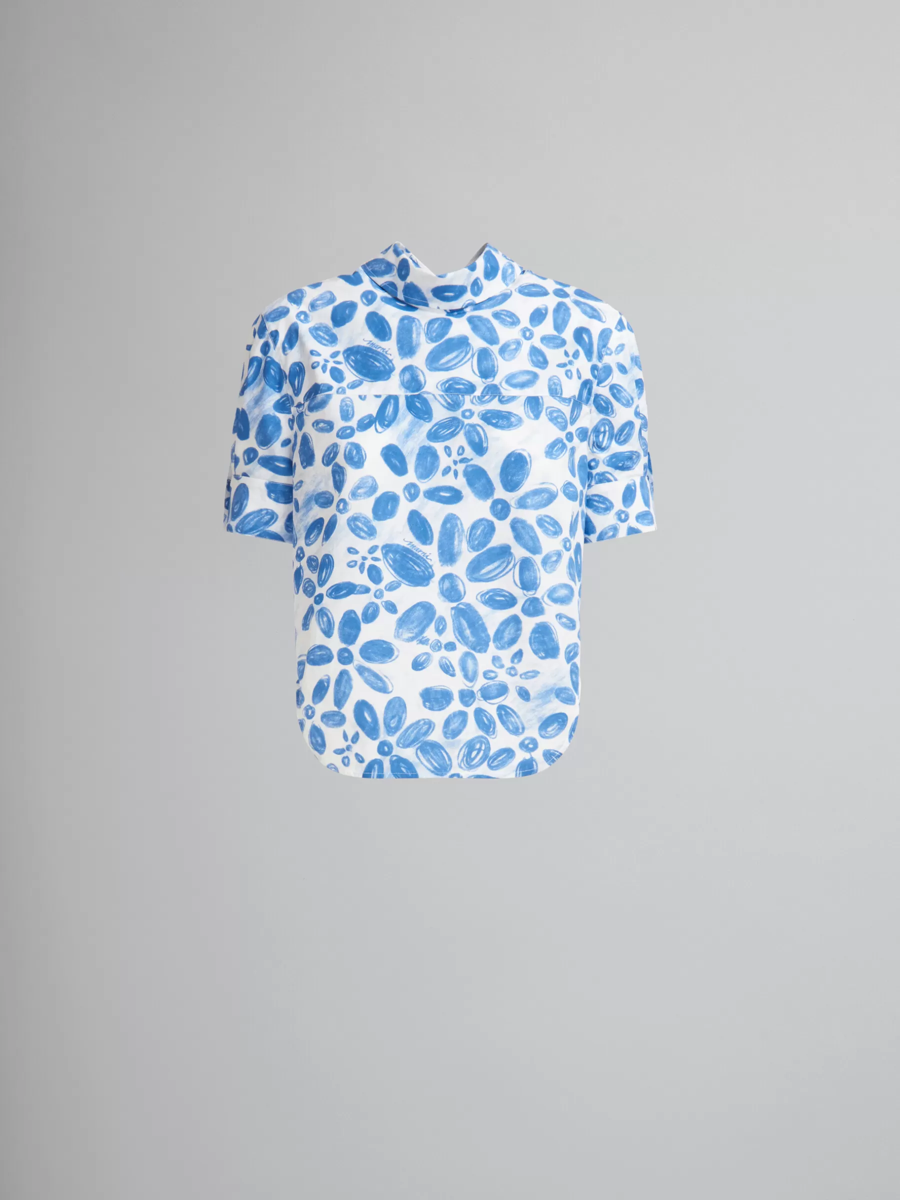 Marni White Organic Poplin Backwards Shirt With Blooming Print IRISBLUE Hot