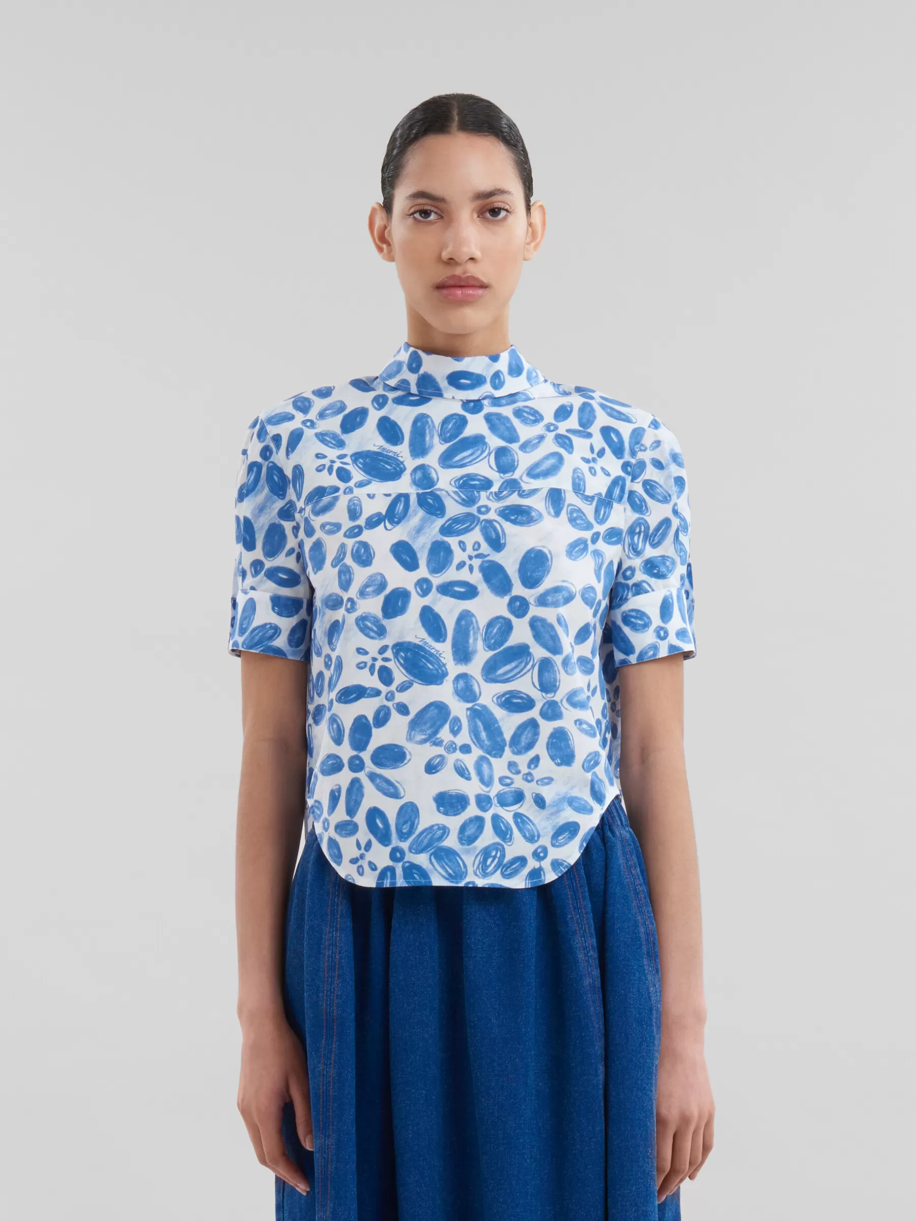 Marni White Organic Poplin Backwards Shirt With Blooming Print IRISBLUE Hot