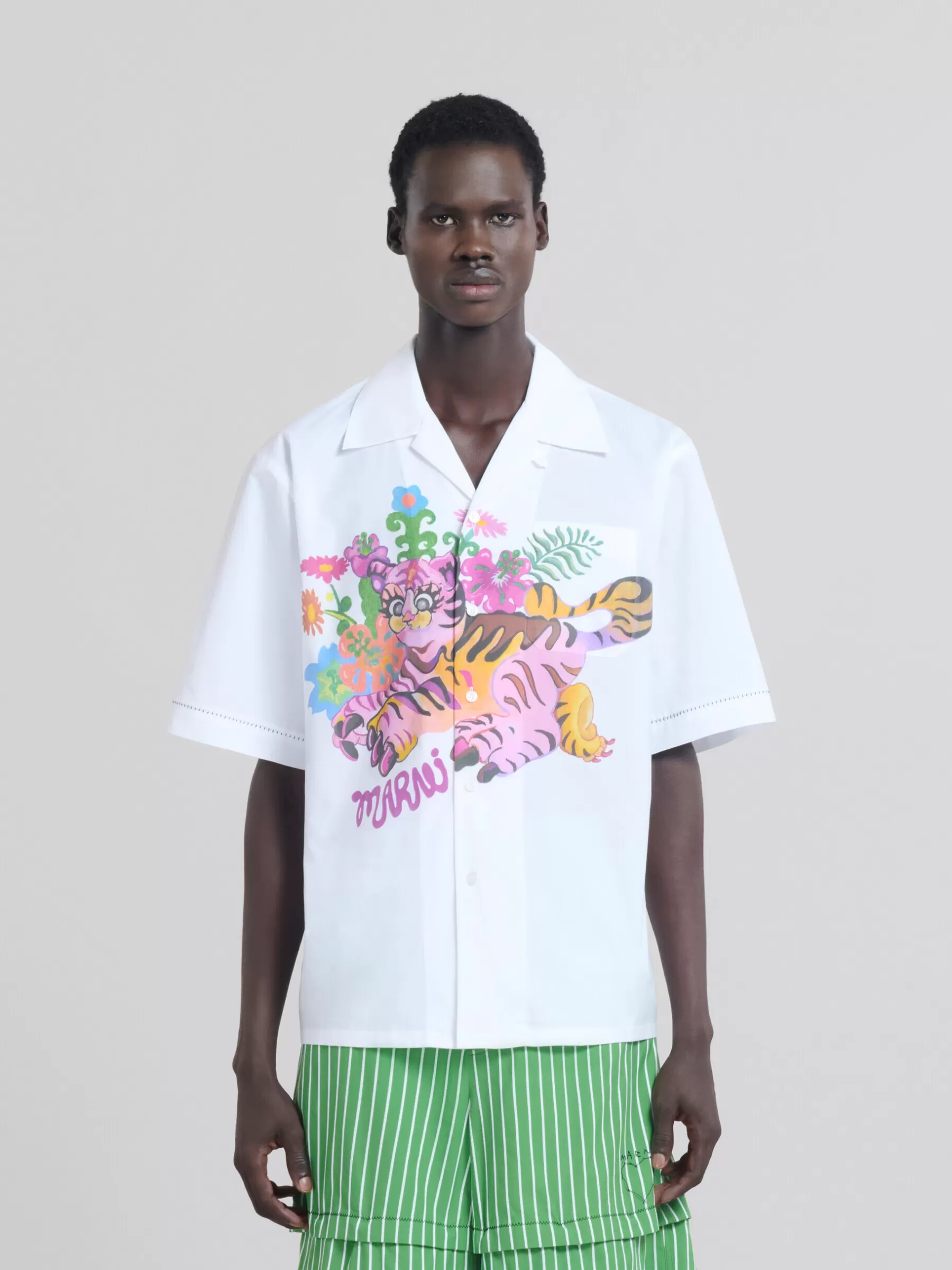 Marni White Organic Poplin Bowling Shirt With Print LILYWHITE Outlet