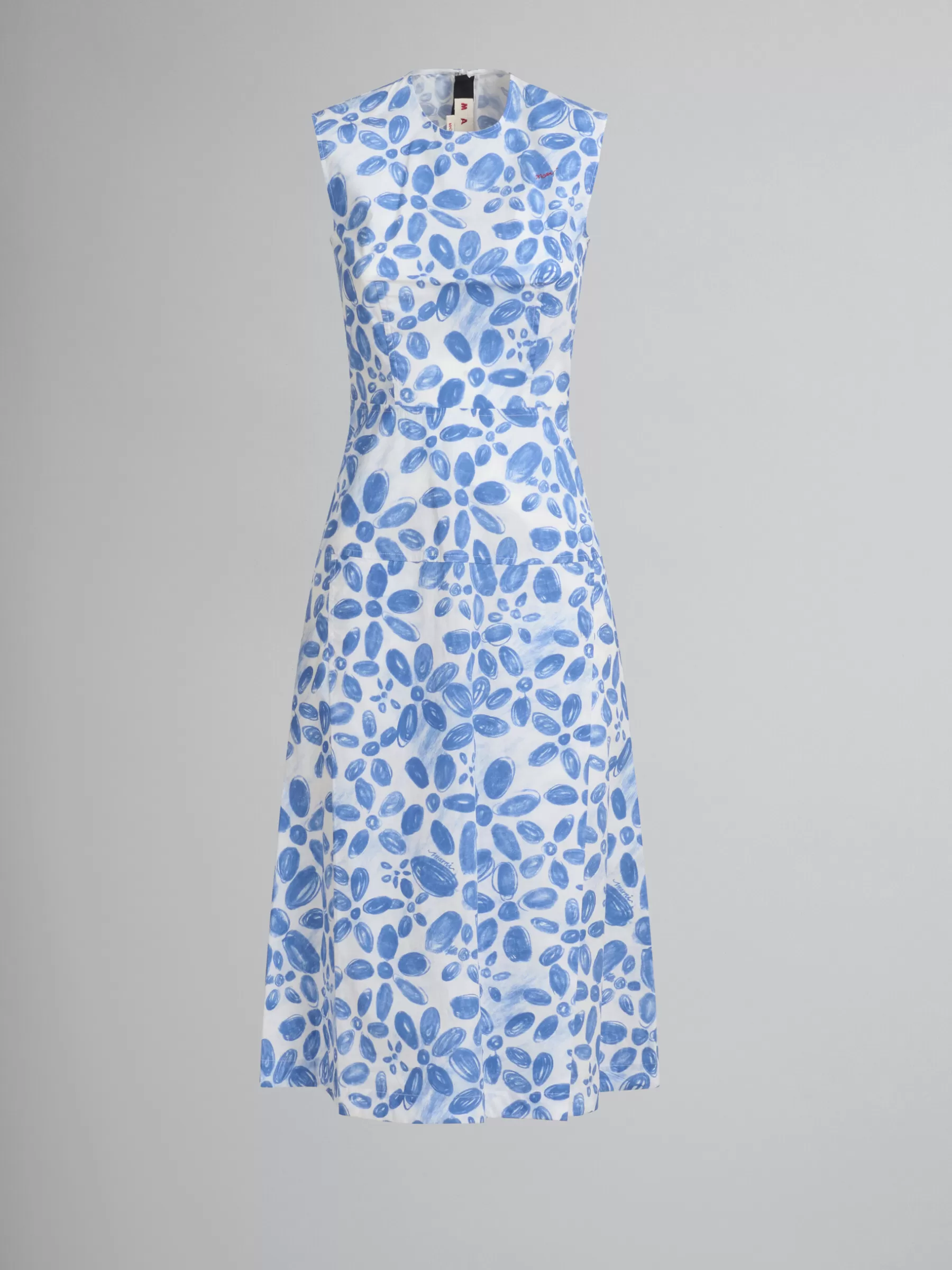 Marni White Poplin A-line Dress With Blooming Print IRISBLUE Cheap