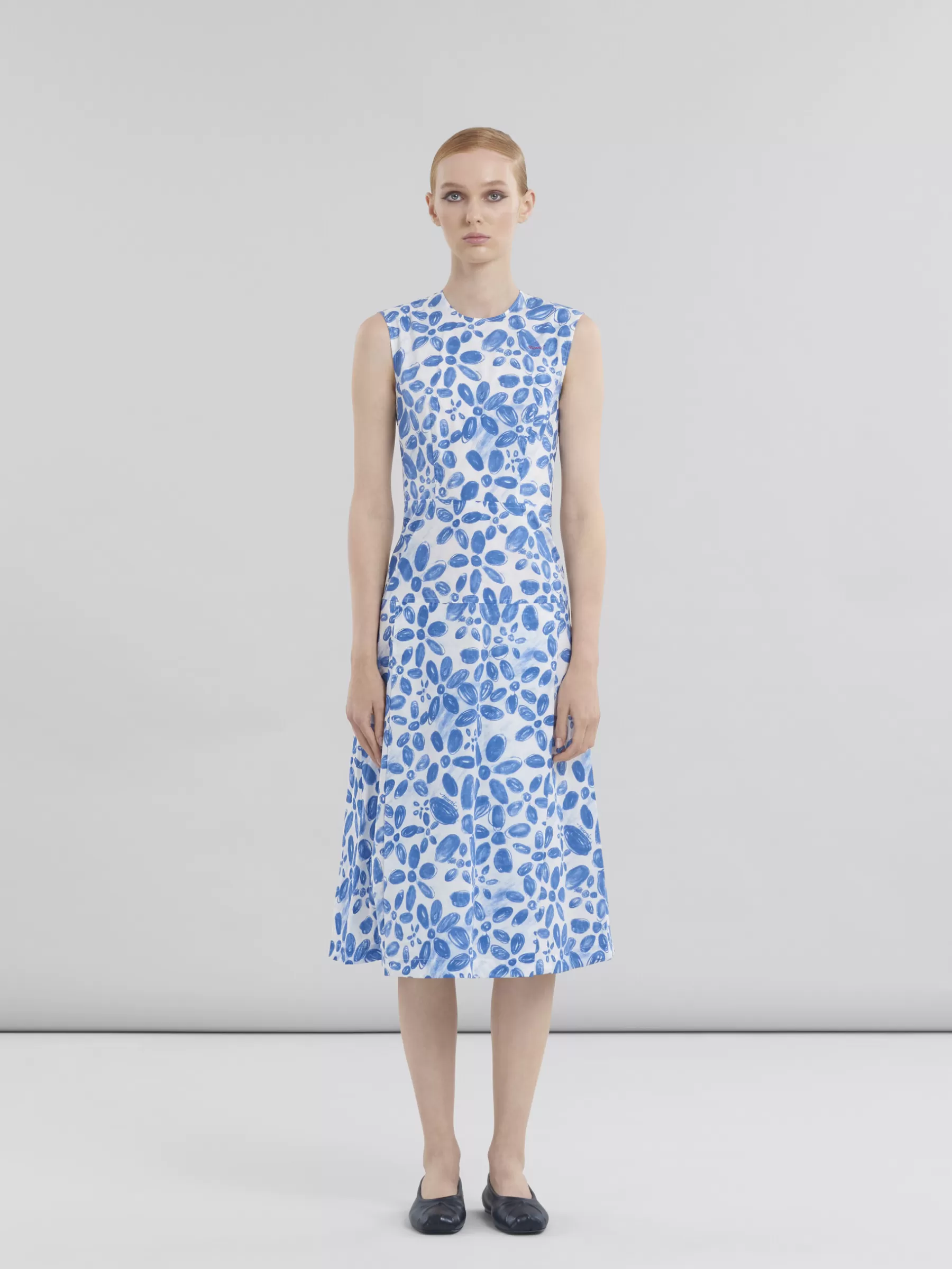 Marni White Poplin A-line Dress With Blooming Print IRISBLUE Cheap