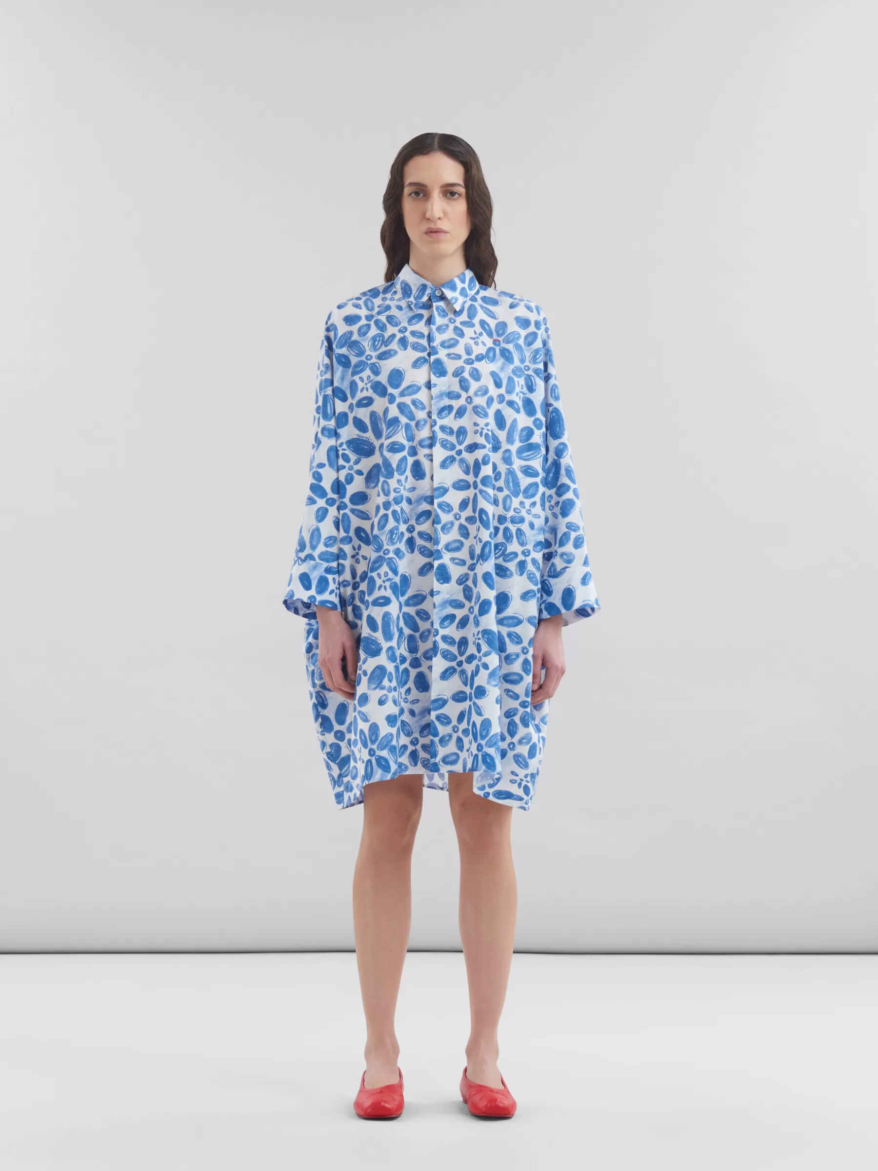 Marni White Poplin Cocoon Dress With Blooming Print IRISBLUE Cheap