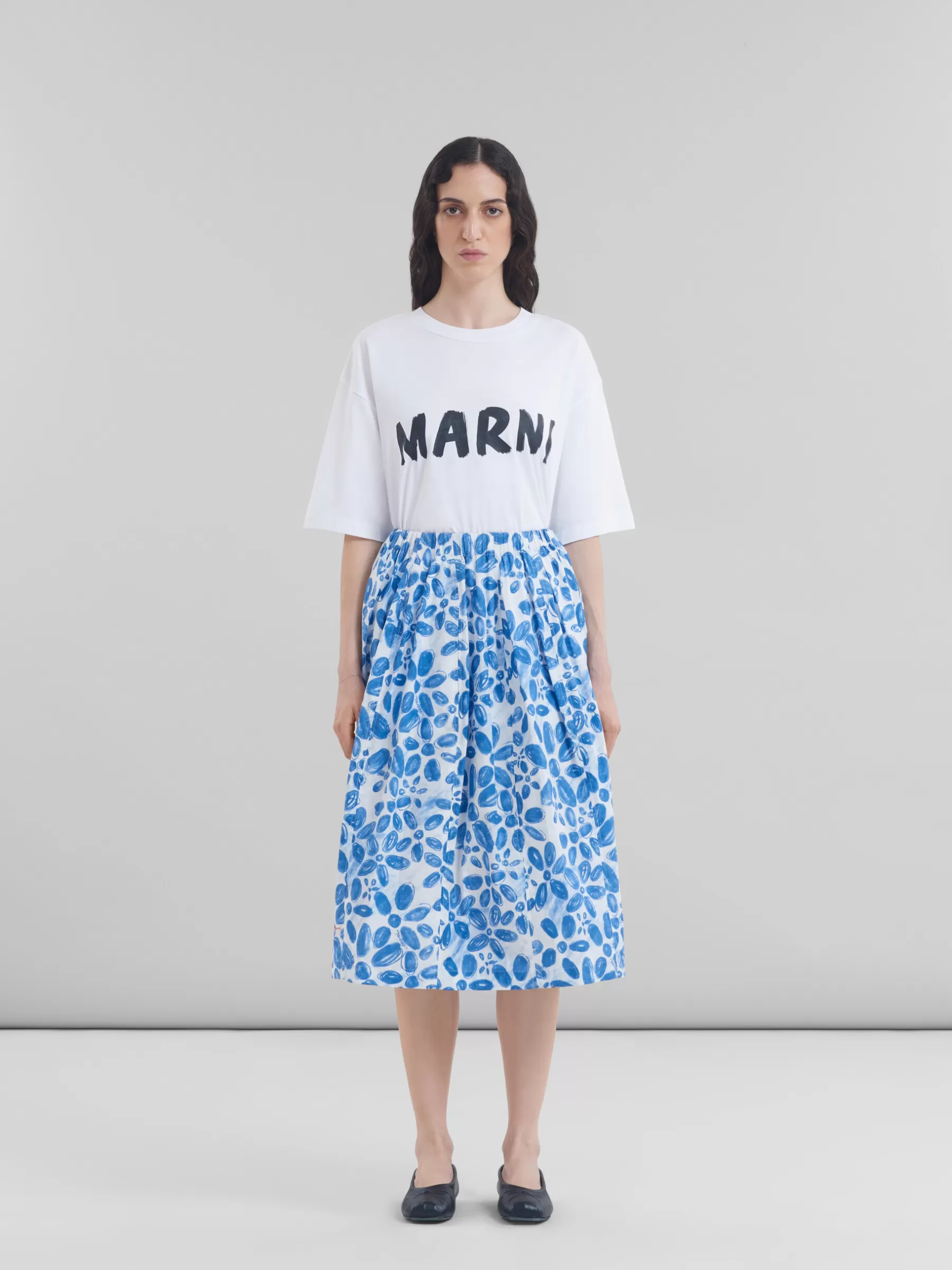 Marni White Poplin Elasticated Midi Skirt With Blooming Print IRISBLUE Store