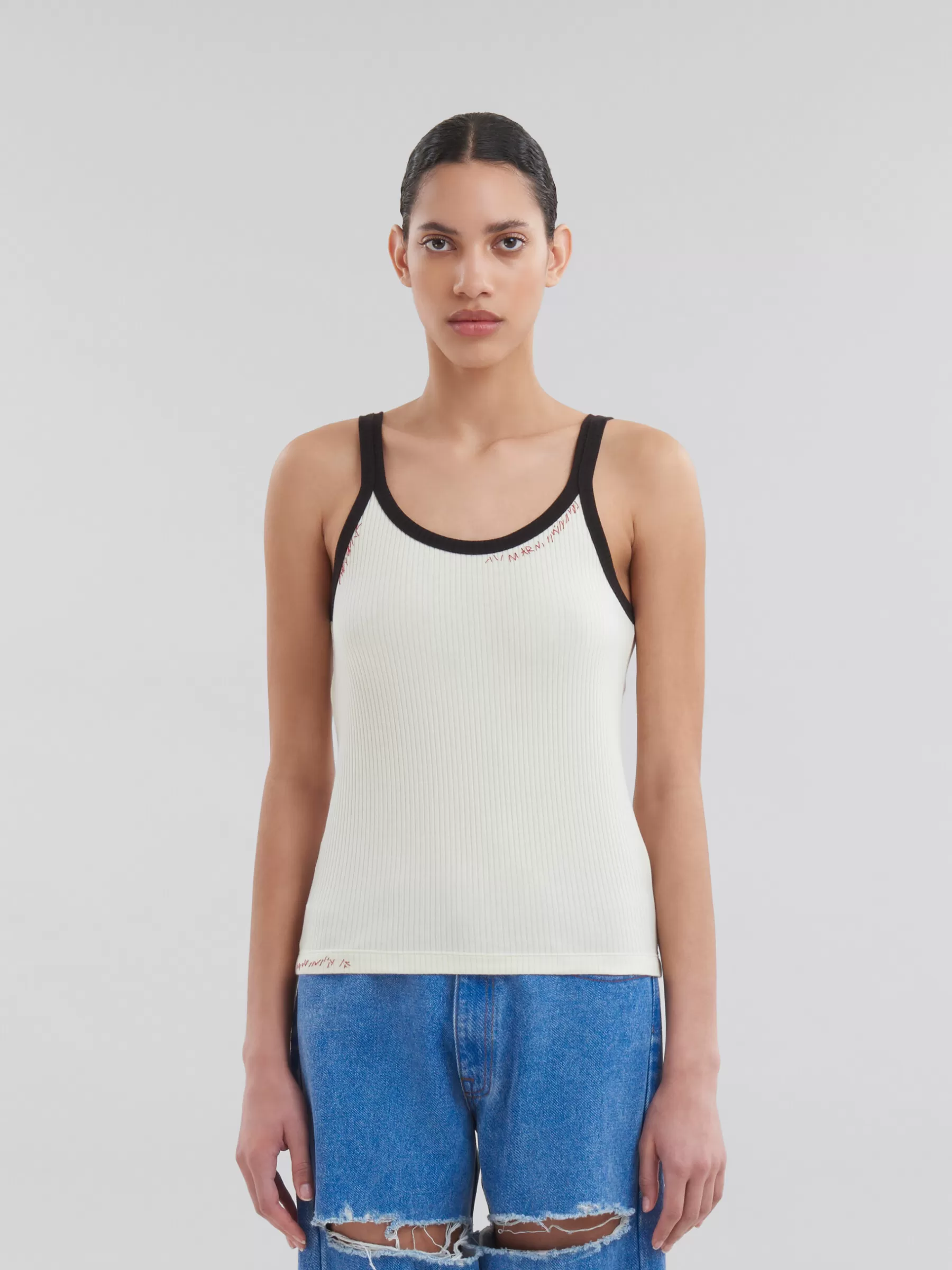 Marni White Ribbed Cotton Tank Top With Mending ANTIQUEWHITE Best Sale